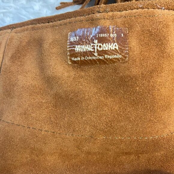 MINNETONKA Brown leather suede3 layer Tier Fringe Moccasin Boots side zipper SZ7 - Picture 8 of 10
